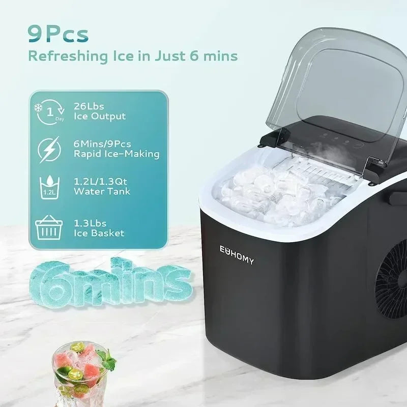Portable EUHOMY Ice Maker, 26lbs Daily, Quick 6-Min Cubes